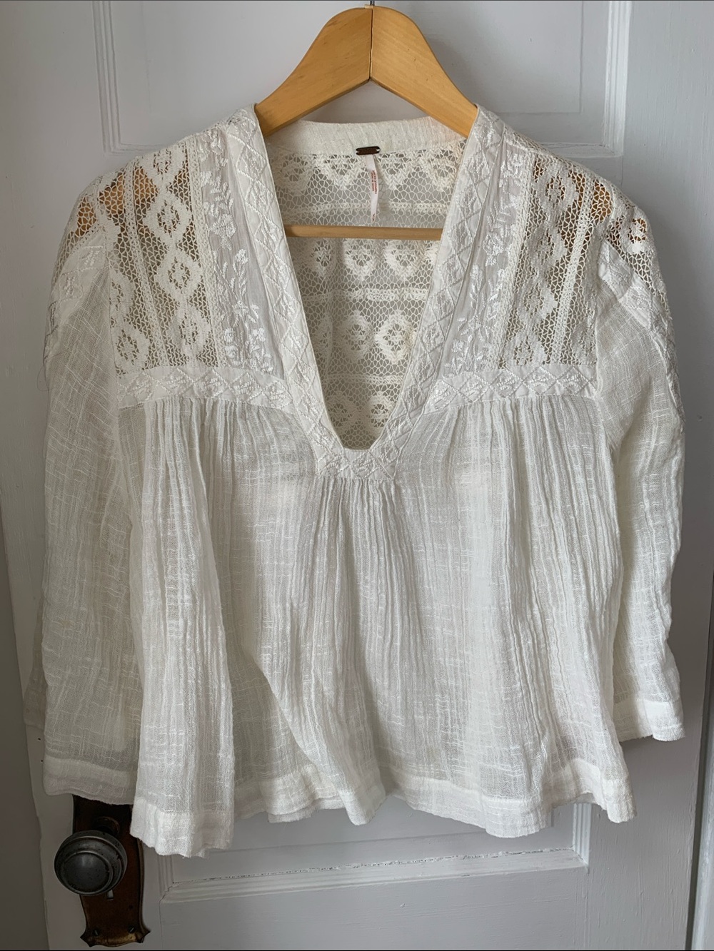 Free People Ivory Lace-Inset V-Neck Peasant Top